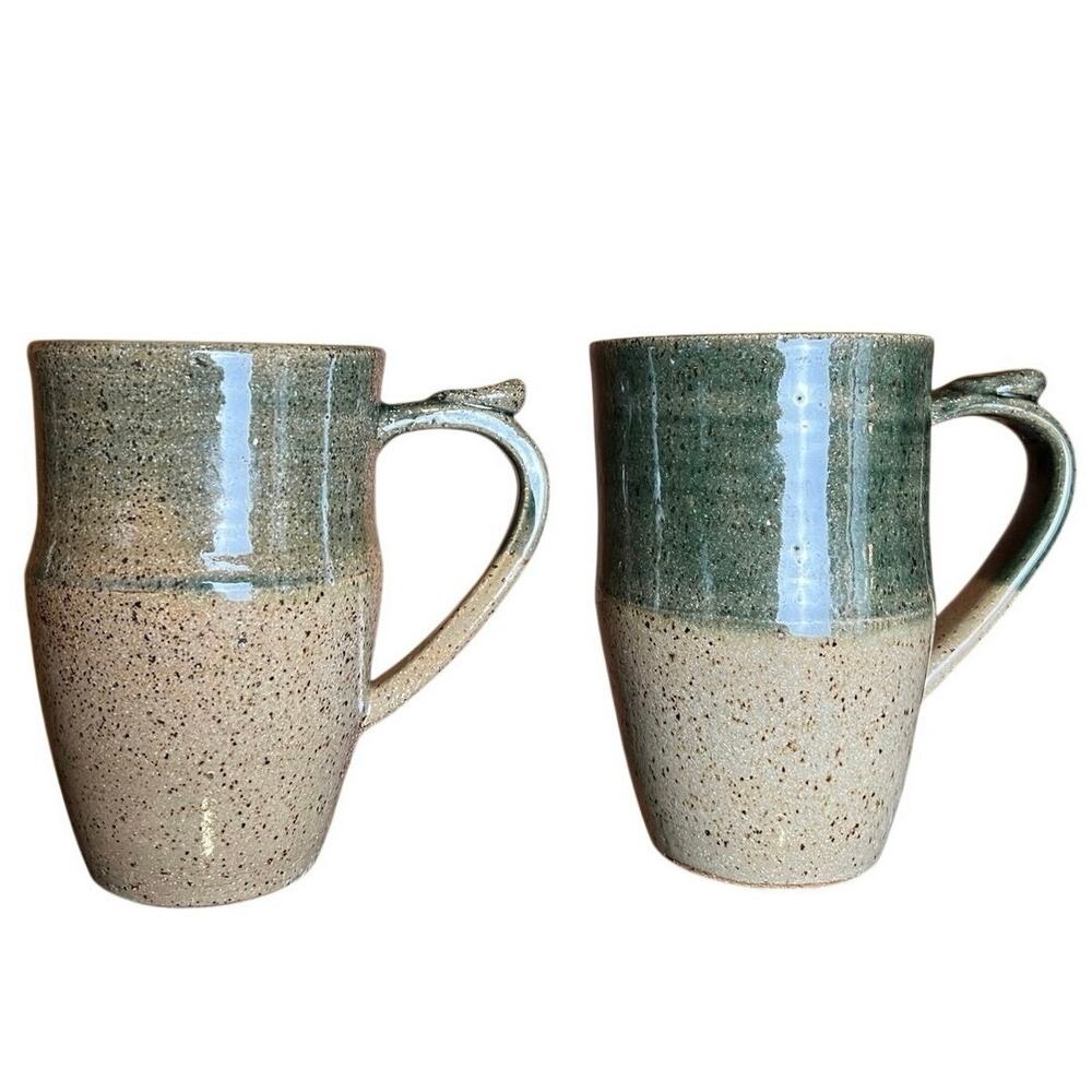 Signed Studio Pottery Stoneware Mugs Set of 2 Olive Green Speckled Artisan